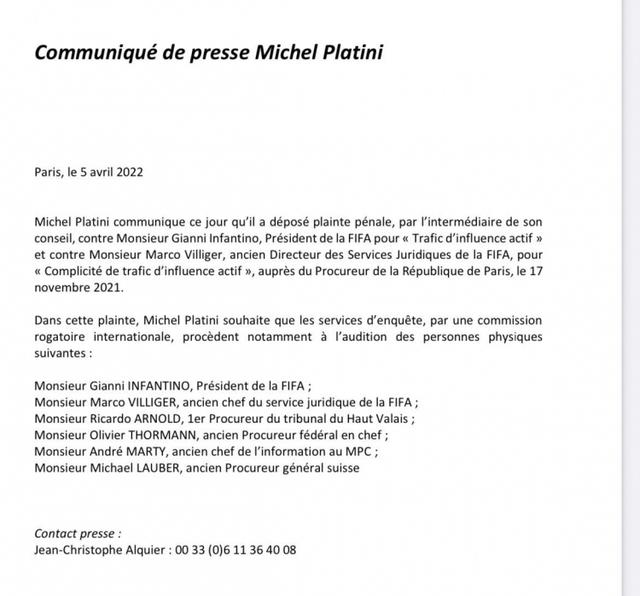 Declaración de Platini: inicio de un procedimiento penal contra el Presidente de la FIFA